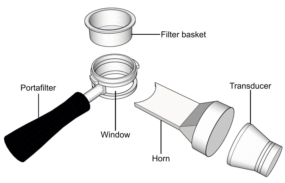 An illustration of a coffee portafilter, filter basket with a horn and transducer 