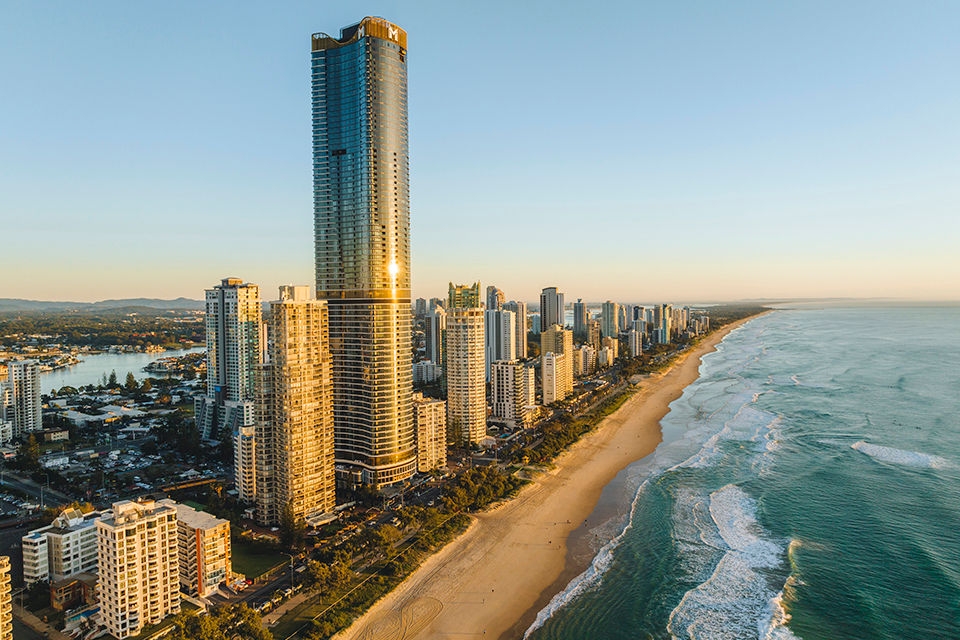 Aerial view of Meriton Suites Surfers Paradise including the skyline of Surfers Paradise