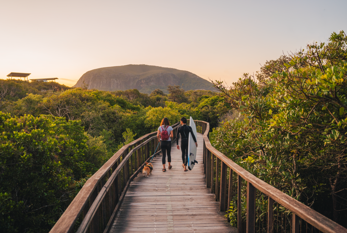 A young couple walking on Mount Coolum boardwalk with their dog