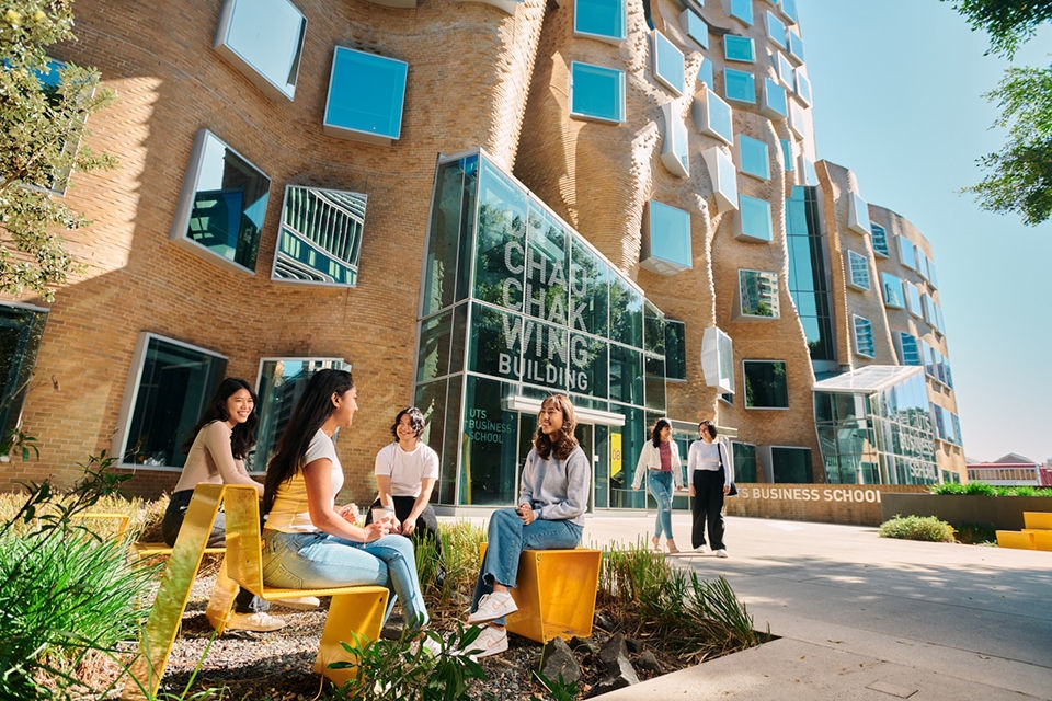 International students from Indonesia, Malaysia, India, Myanmar, and Hong Kong, outside the Dr Chau Chak Wing Building, University of Technology Sydney. The Dr Chau Chak Wing Building is the first Australian building designed by Frank Gehry, one of the world��s most celebrated architects.